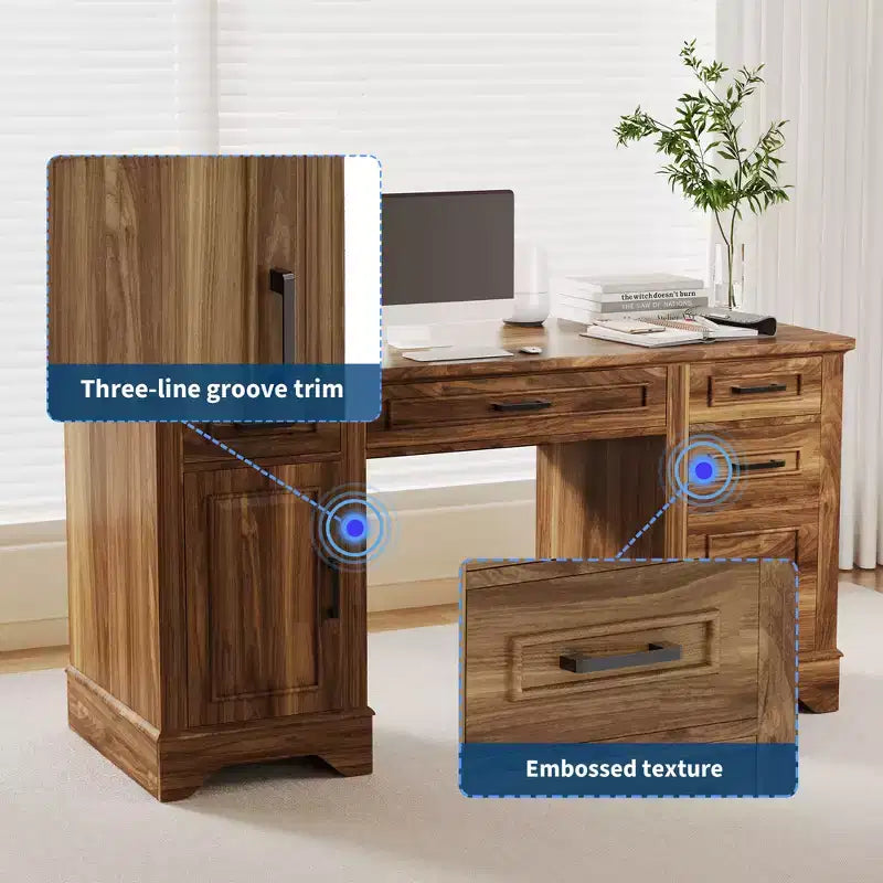 Garvee 58 Bureau de direction cannelé, Bureau d'ordinateur avec plateau coulissant pour clavier, 5 tiroirs texturés en relief et armoire de rangement, Bureau de style rustique pour bureau à domicile