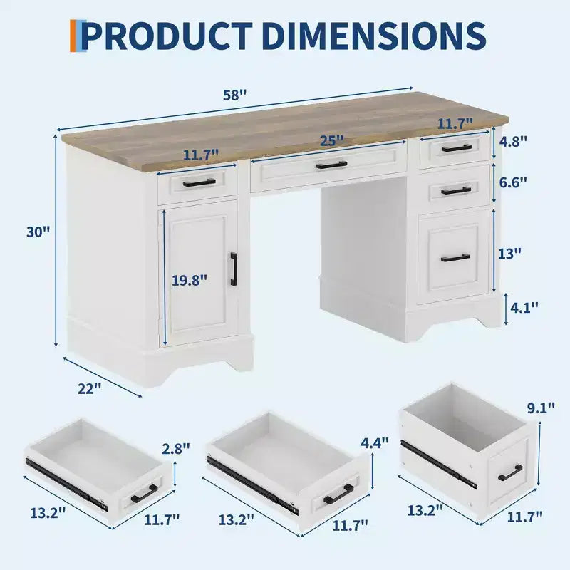 Garvee 58 Bureau de direction cannelé, Bureau d'ordinateur avec plateau coulissant pour clavier, 5 tiroirs texturés en relief et armoire de rangement, Bureau de style rustique pour bureau à domicile