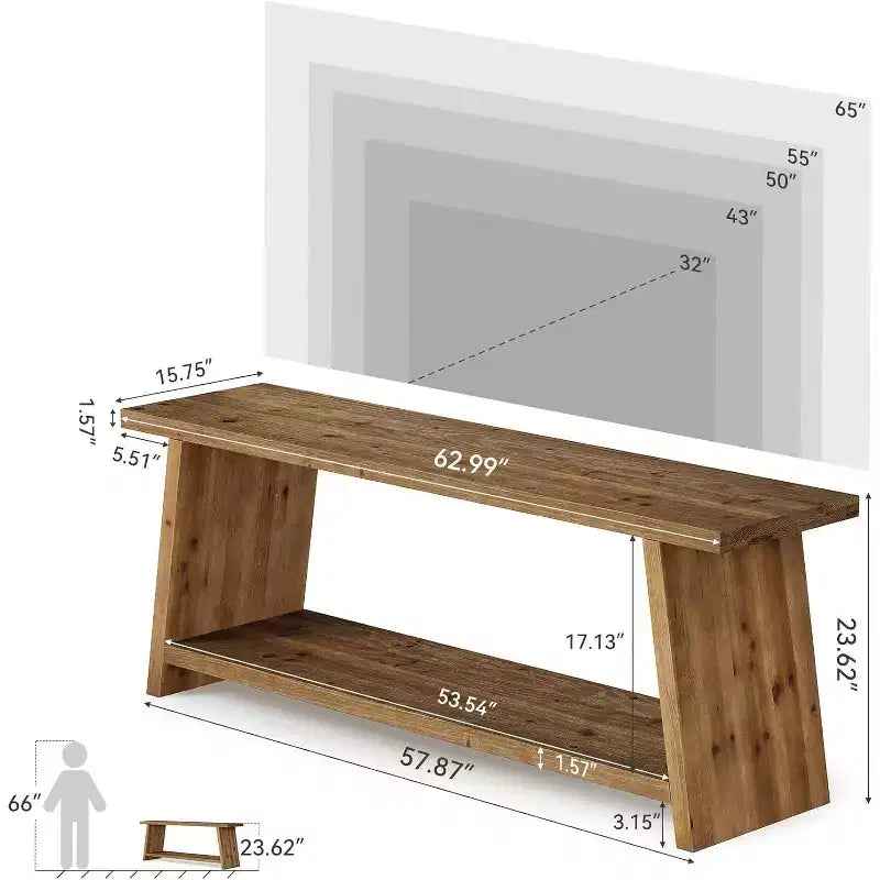 Meuble TV Lantine en bois massif, console multimédia de style campagnard à 2 niveaux pour téléviseurs de 55/60/65 pouces, meuble TV moderne du milieu du siècle pour salon (marron, 63 pouces)