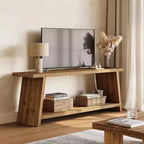 Meuble TV Lantine en bois massif, console multimédia de style campagnard à 2 niveaux pour téléviseurs de 55/60/65 pouces, meuble TV moderne du milieu du siècle pour salon (marron, 63 pouces)