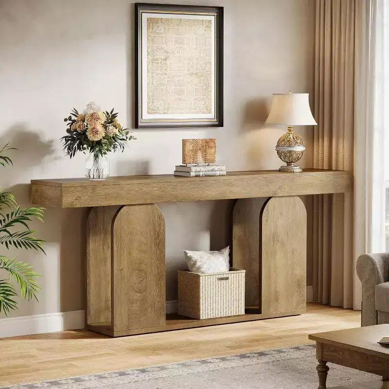 Console Table Lantine 180 cm de style Ferme avec Cadre en Bois et Étagère de Rangement à 2 Niveaux, Marron Clair, Idéale pour le Salon, le Couloir, l'Entrée.