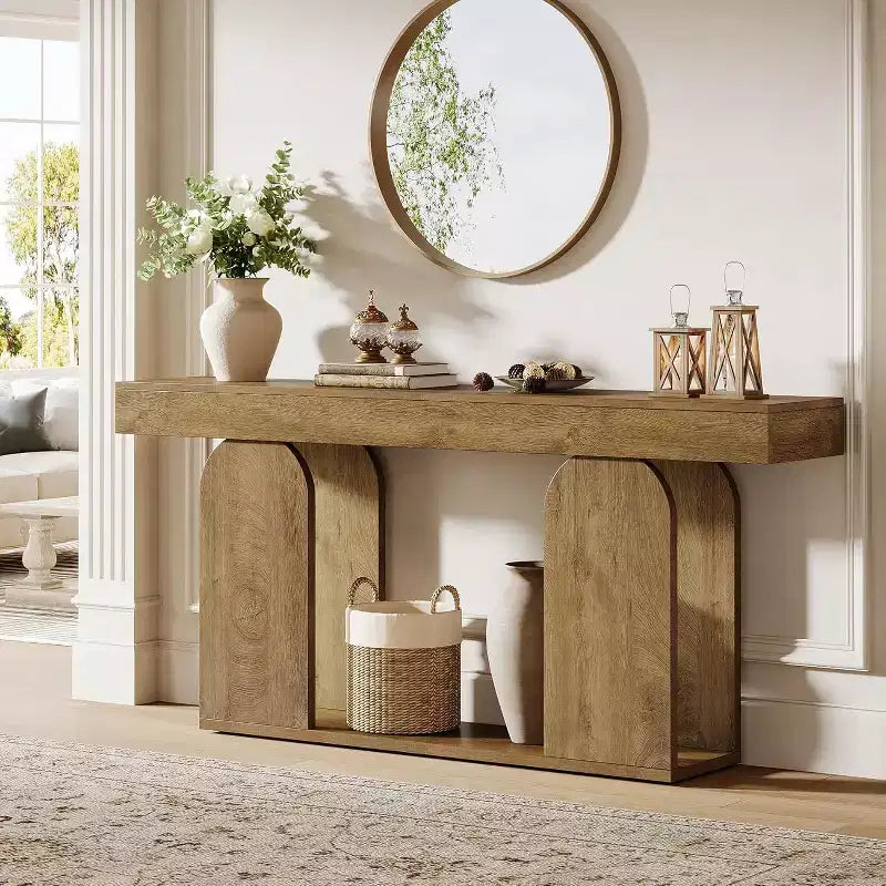 Console Table Lantine 180 cm de style Ferme avec Cadre en Bois et Étagère de Rangement à 2 Niveaux, Marron Clair, Idéale pour le Salon, le Couloir, l'Entrée.