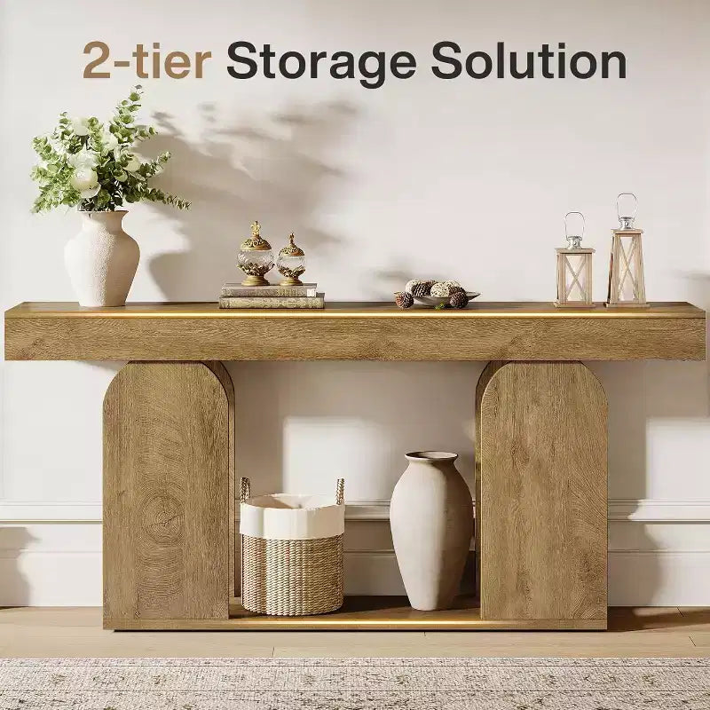 Console Table Lantine 180 cm de style Ferme avec Cadre en Bois et Étagère de Rangement à 2 Niveaux, Marron Clair, Idéale pour le Salon, le Couloir, l'Entrée.