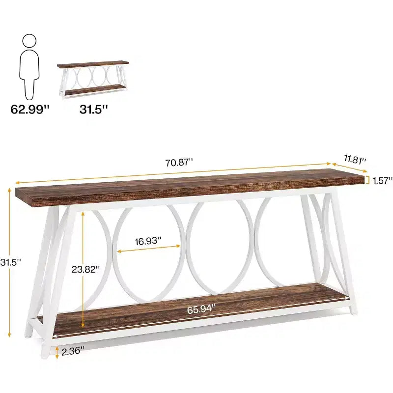 Table console extra-longue Lantine de 178 cm, table de canapé industrielle avec étagère de rangement pour salon, entrée, couloir, blanc et marron