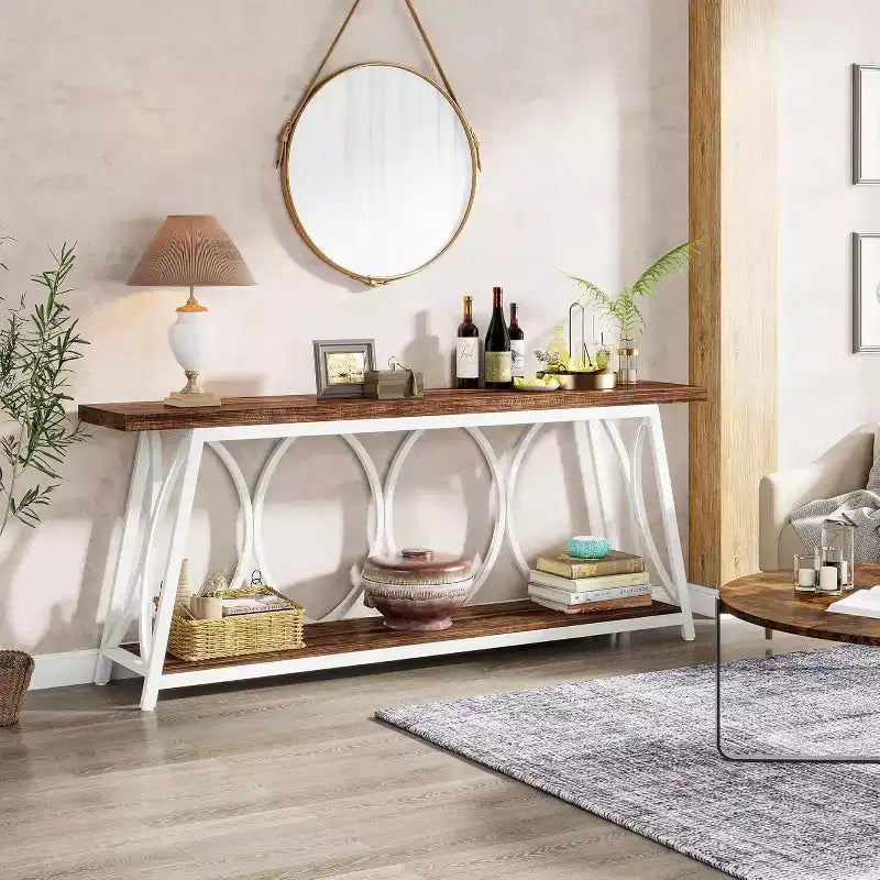 Table console extra-longue Lantine de 178 cm, table de canapé industrielle avec étagère de rangement pour salon, entrée, couloir, blanc et marron