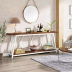 Table console extra-longue Lantine de 178 cm, table de canapé industrielle avec étagère de rangement pour salon, entrée, couloir, blanc et marron