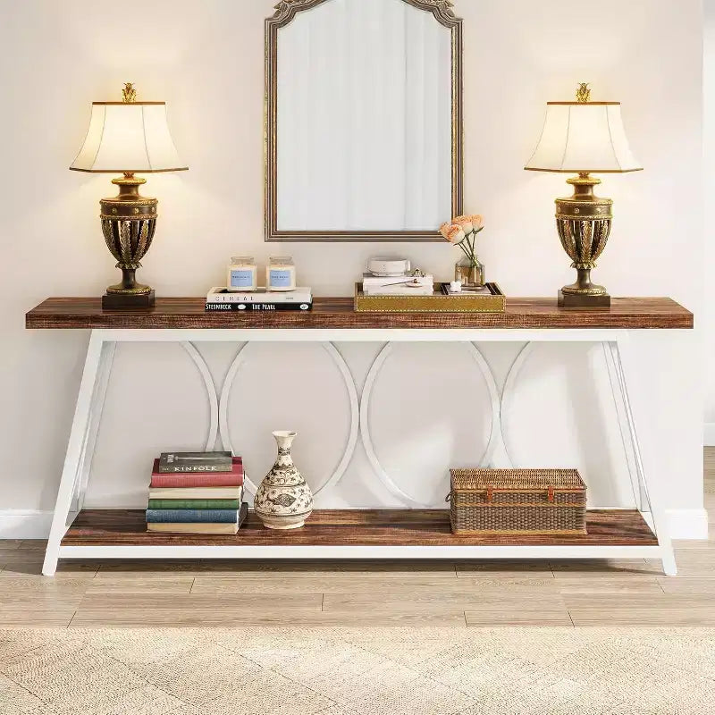 Table console extra-longue Lantine de 178 cm, table de canapé industrielle avec étagère de rangement pour salon, entrée, couloir, blanc et marron