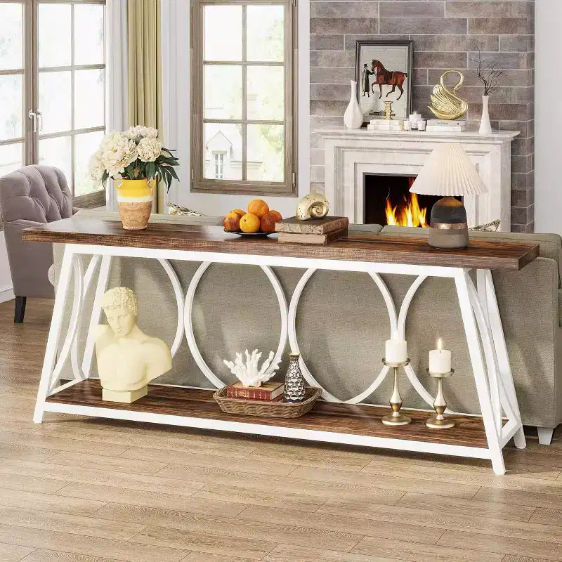 Table console extra-longue Lantine de 178 cm, table de canapé industrielle avec étagère de rangement pour salon, entrée, couloir, blanc et marron