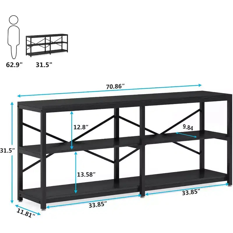 Lantine Console étroite extra longue de 180 cm, Table de canapé moderne avec étagères de rangement, Table d'entrée industrielle à 3 niveaux pour salon, Noir