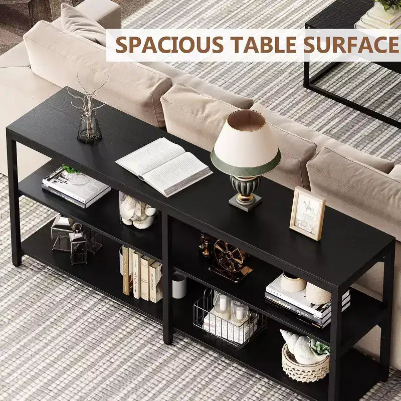 Lantine Console étroite extra longue de 180 cm, Table de canapé moderne avec étagères de rangement, Table d'entrée industrielle à 3 niveaux pour salon, Noir