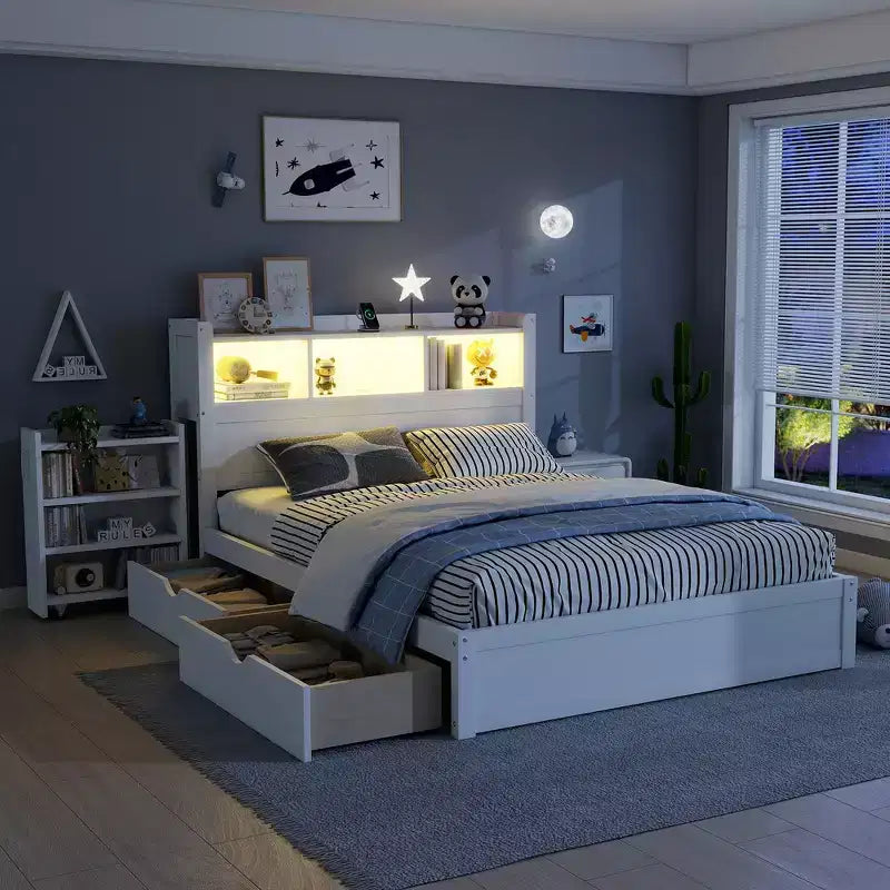Cadre de lit double Whisen, lit en bois avec tête de lit de rangement et armoire de rangement coulissante, tiroirs