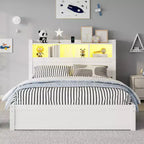Cadre de lit double Whisen, lit en bois avec tête de lit de rangement et armoire de rangement coulissante, tiroirs