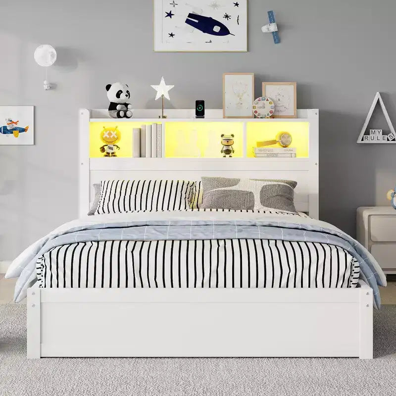 Cadre de lit double Whisen, lit en bois avec tête de lit de rangement et armoire de rangement coulissante, tiroirs