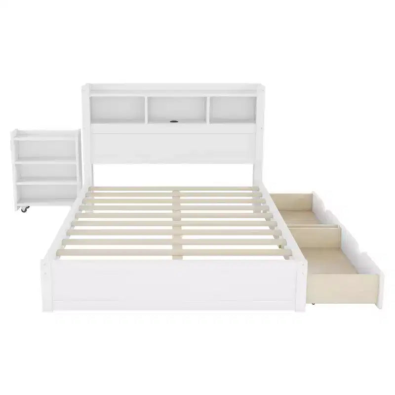 Cadre de lit double Whisen, lit en bois avec tête de lit de rangement et armoire de rangement coulissante, tiroirs