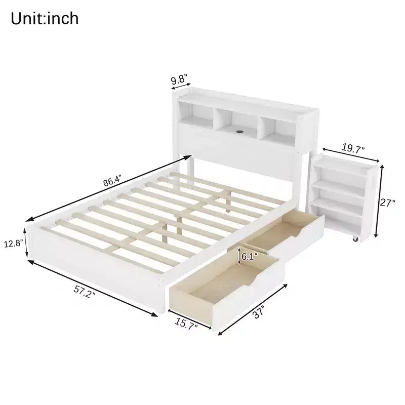 Cadre de lit double Whisen, lit en bois avec tête de lit de rangement et armoire de rangement coulissante, tiroirs