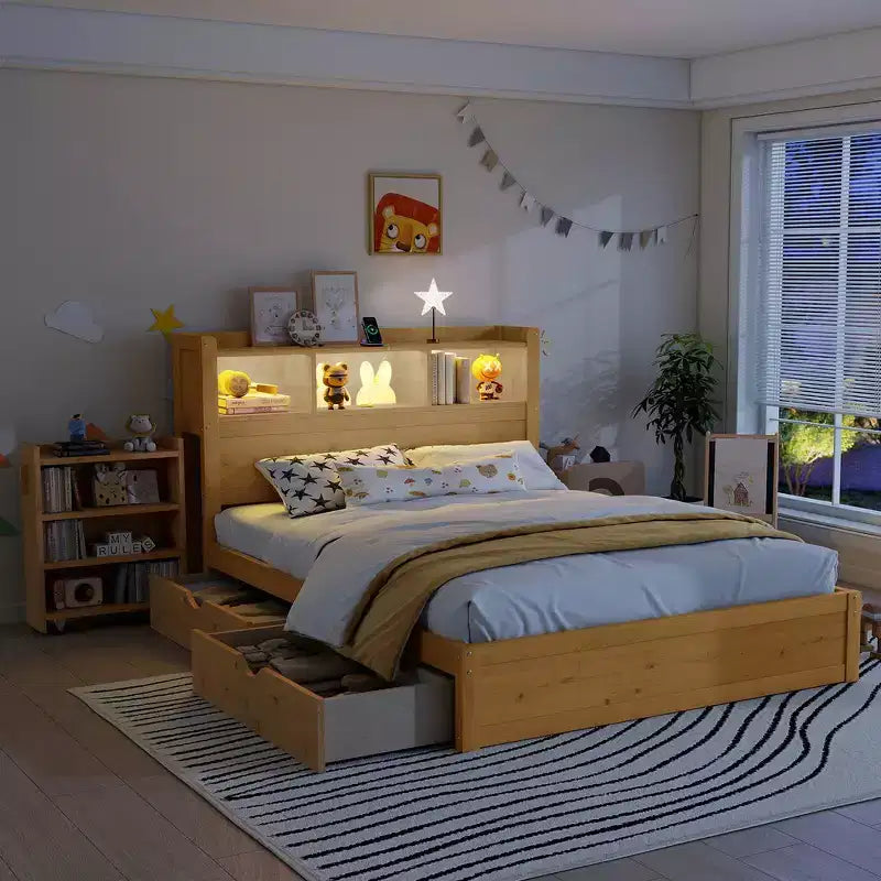 Cadre de lit double Whisen, lit en bois avec tête de lit de rangement et armoire de rangement coulissante, tiroirs