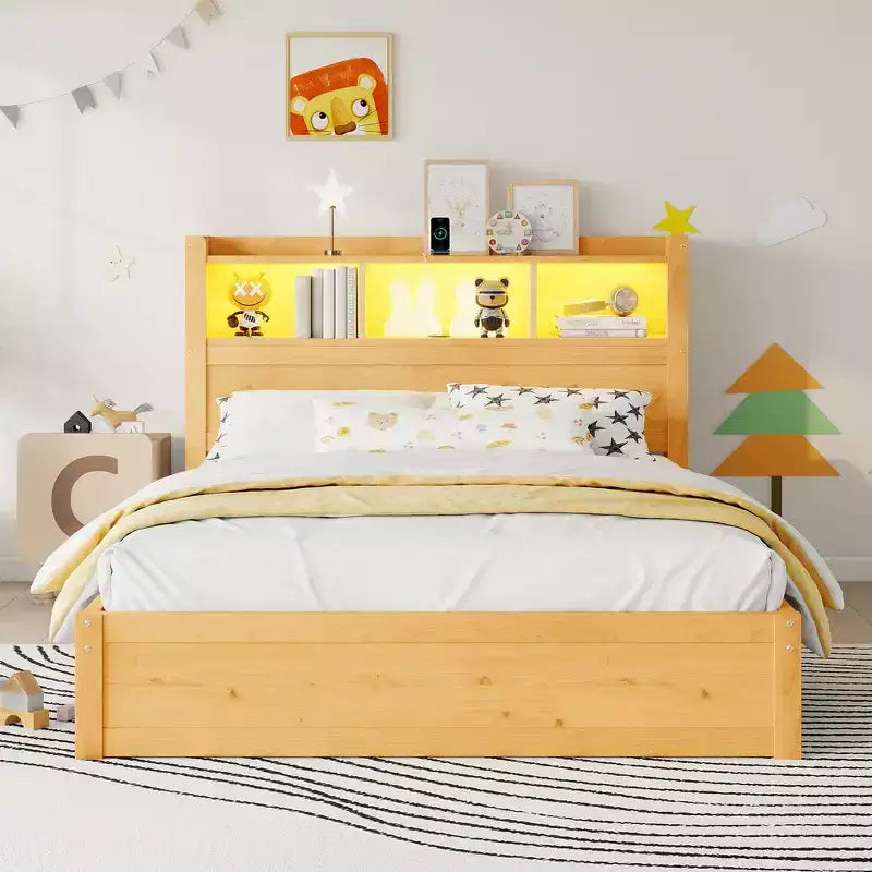 Cadre de lit double Whisen, lit en bois avec tête de lit de rangement et armoire de rangement coulissante, tiroirs