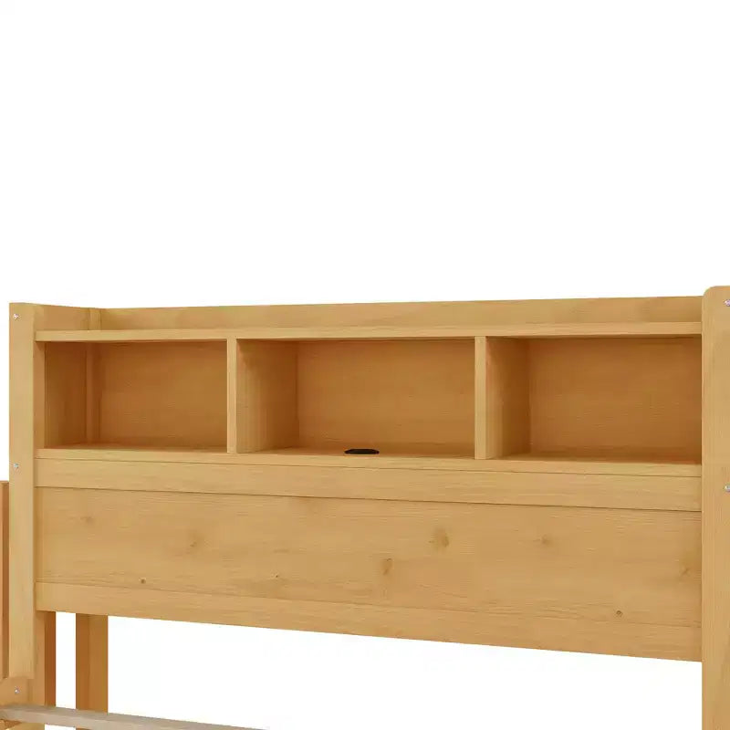 Cadre de lit double Whisen, lit en bois avec tête de lit de rangement et armoire de rangement coulissante, tiroirs