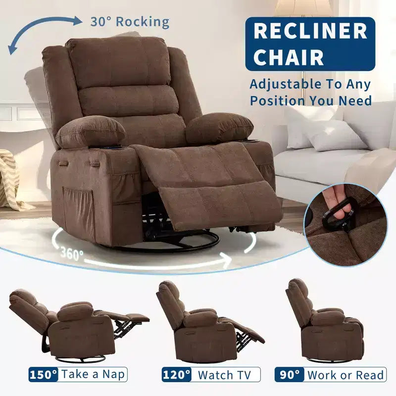 Fauteuil inclinable, pivotant à 360°, avec fonction balancelle et 3 positions manuelles pour adulte, 2 porte-gobelets et 4 poches, idéal pour la chambre d'enfant, le salon, la chambre à coucher ou le bureau.