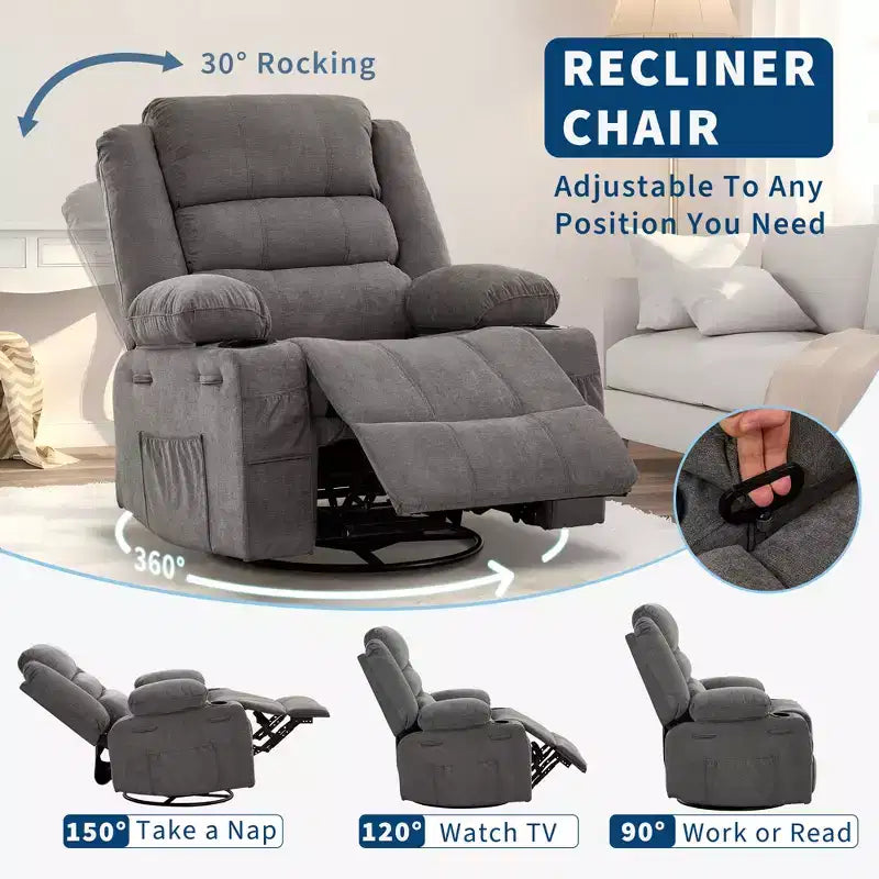 Fauteuil inclinable, pivotant à 360°, avec fonction balancelle et 3 positions manuelles pour adulte, 2 porte-gobelets et 4 poches, idéal pour la chambre d'enfant, le salon, la chambre à coucher ou le bureau.