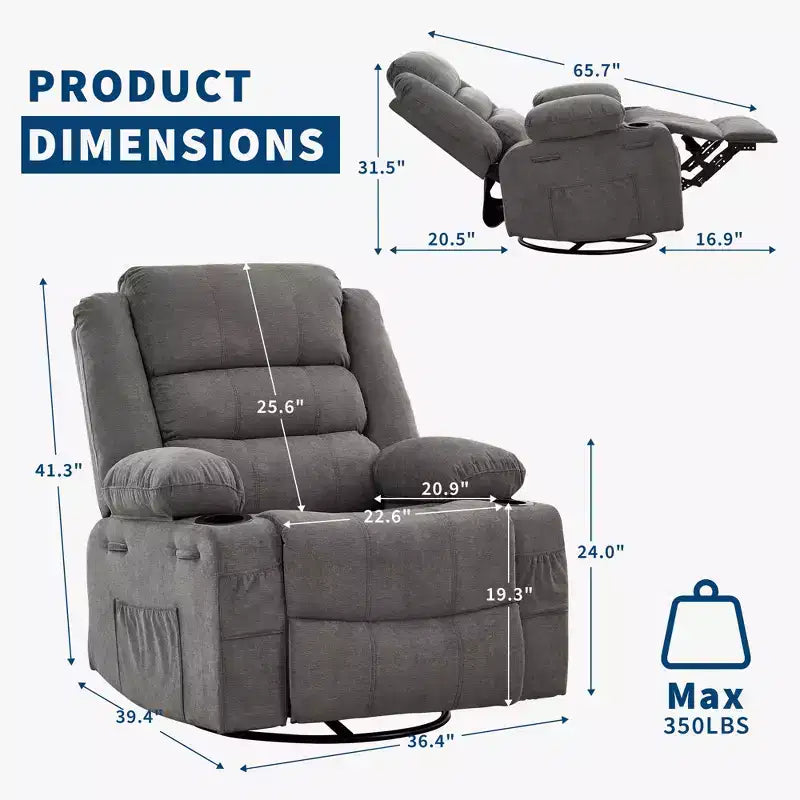 Fauteuil inclinable, pivotant à 360°, avec fonction balancelle et 3 positions manuelles pour adulte, 2 porte-gobelets et 4 poches, idéal pour la chambre d'enfant, le salon, la chambre à coucher ou le bureau.