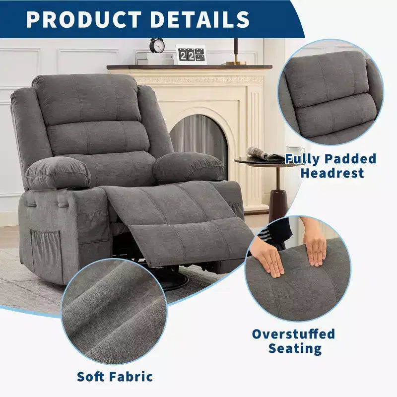 Fauteuil inclinable, pivotant à 360°, avec fonction balancelle et 3 positions manuelles pour adulte, 2 porte-gobelets et 4 poches, idéal pour la chambre d'enfant, le salon, la chambre à coucher ou le bureau.