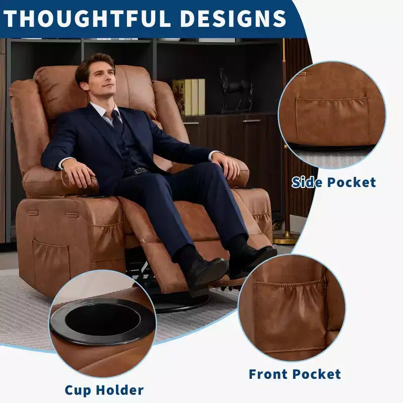 Fauteuil inclinable, pivotant à 360°, avec fonction balancelle et 3 positions manuelles pour adulte, 2 porte-gobelets et 4 poches, idéal pour la chambre d'enfant, le salon, la chambre à coucher ou le bureau.
