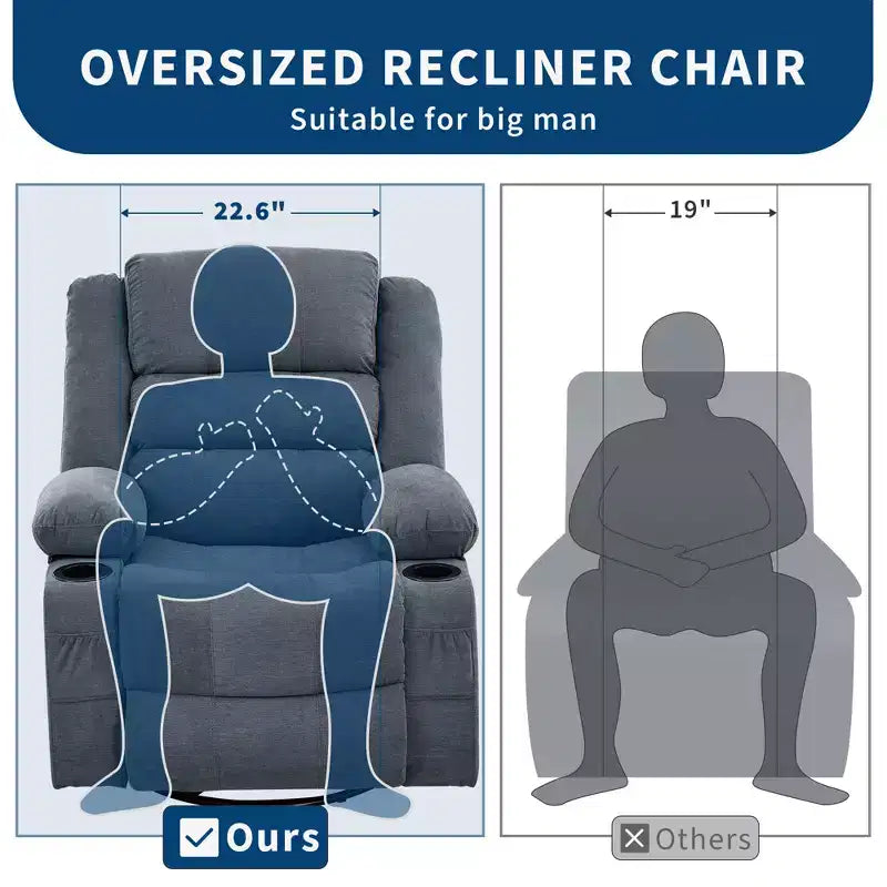 Fauteuil inclinable, pivotant à 360°, avec fonction balancelle et 3 positions manuelles pour adulte, 2 porte-gobelets et 4 poches, idéal pour la chambre d'enfant, le salon, la chambre à coucher ou le bureau.
