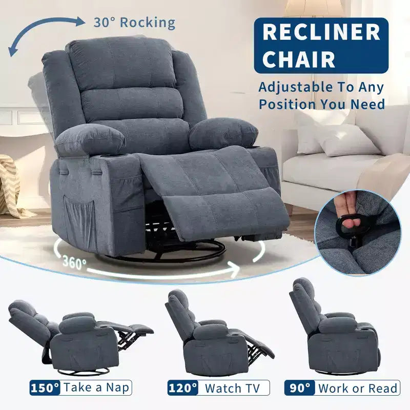 Fauteuil inclinable, pivotant à 360°, avec fonction balancelle et 3 positions manuelles pour adulte, 2 porte-gobelets et 4 poches, idéal pour la chambre d'enfant, le salon, la chambre à coucher ou le bureau.