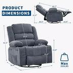 Fauteuil inclinable, pivotant à 360°, avec fonction balancelle et 3 positions manuelles pour adulte, 2 porte-gobelets et 4 poches, idéal pour la chambre d'enfant, le salon, la chambre à coucher ou le bureau.