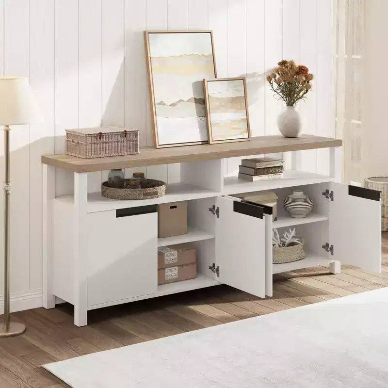 Meuble TV de ferme de 63 pouces pour téléviseurs jusqu'à 65 pouces, long meuble de divertissement avec 4 portes et étagère ouverte, pour salon, chambre à coucher