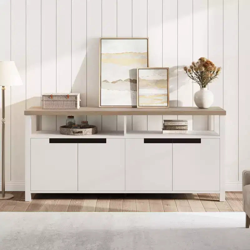 Meuble TV de ferme de 63 pouces pour téléviseurs jusqu'à 65 pouces, long meuble de divertissement avec 4 portes et étagère ouverte, pour salon, chambre à coucher