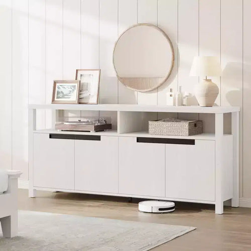 Meuble TV de ferme de 63 pouces pour téléviseurs jusqu'à 65 pouces, long meuble de divertissement avec 4 portes et étagère ouverte, pour salon, chambre à coucher