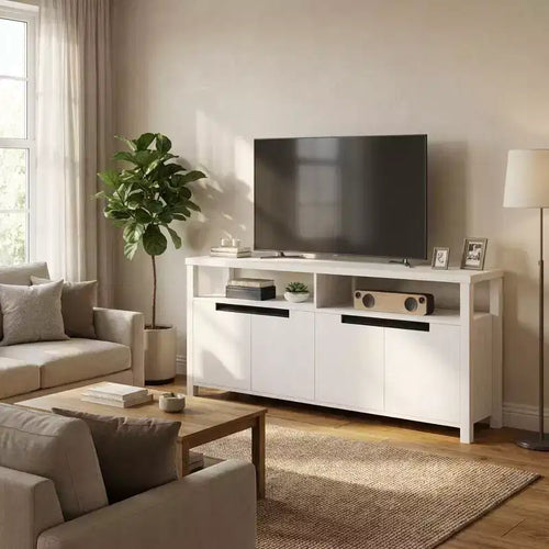 63 Farmhouse TV Stand for TVs Up to 65, Long Entertainment Center with 4 Doors & Open Shelf, for Living Room, Bedroom