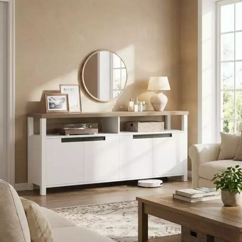 Meuble TV de ferme de 63 pouces pour téléviseurs jusqu'à 65 pouces, long meuble de divertissement avec 4 portes et étagère ouverte, pour salon, chambre à coucher
