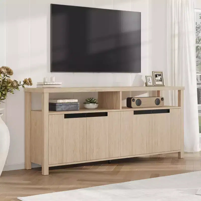 Meuble TV de ferme de 63 pouces pour téléviseurs jusqu'à 65 pouces, long meuble de divertissement avec 4 portes et étagère ouverte, pour salon, chambre à coucher