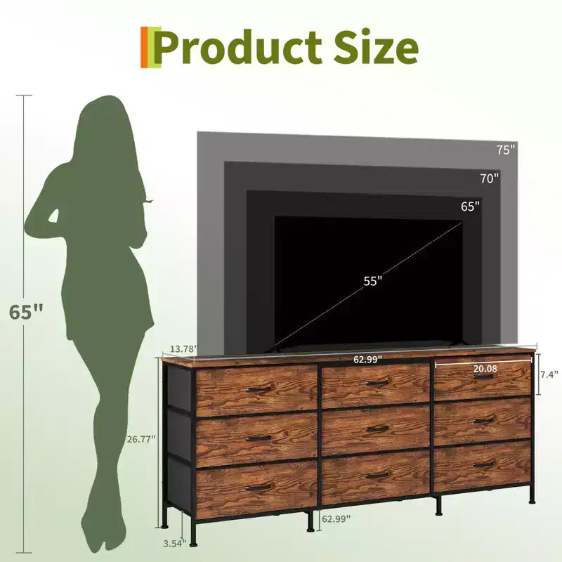 Meuble TV large de 160 cm avec 9 tiroirs en tissu, console média et organiseur de rangement avec cadre en métal et plateau en bois, 68 cm de profondeur pour salon et chambre
