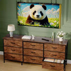 Meuble TV large de 160 cm avec 9 tiroirs en tissu, console média et organiseur de rangement avec cadre en métal et plateau en bois, 68 cm de profondeur pour salon et chambre