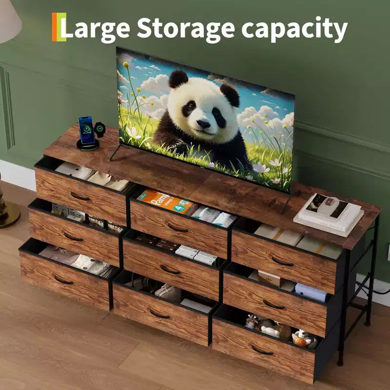 Meuble TV large de 160 cm avec 9 tiroirs en tissu, console média et organiseur de rangement avec cadre en métal et plateau en bois, 68 cm de profondeur pour salon et chambre