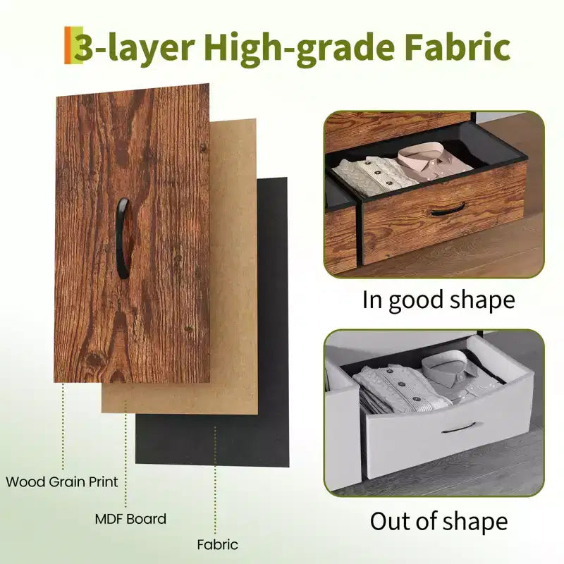 Meuble TV large de 160 cm avec 9 tiroirs en tissu, console média et organiseur de rangement avec cadre en métal et plateau en bois, 68 cm de profondeur pour salon et chambre