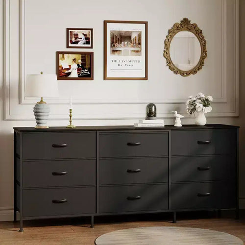 Meuble TV large de 160 cm avec 9 tiroirs en tissu, console média et organiseur de rangement avec cadre en métal et plateau en bois, 68 cm de profondeur pour salon et chambre