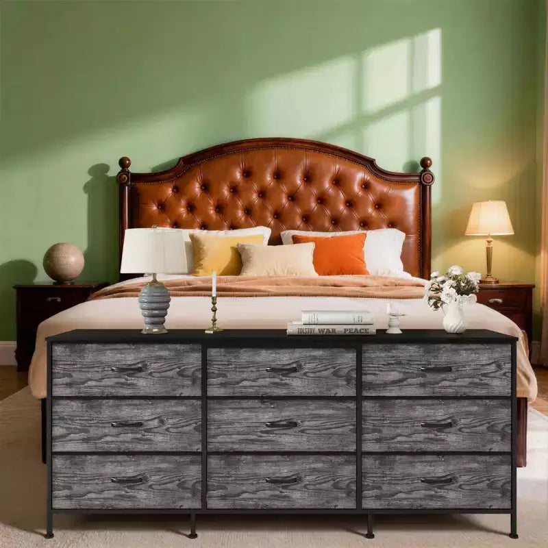 Meuble TV large de 160 cm avec 9 tiroirs en tissu, console média et organiseur de rangement avec cadre en métal et plateau en bois, 68 cm de profondeur pour salon et chambre