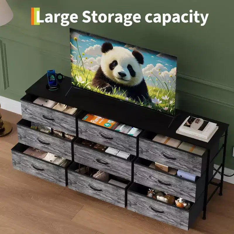 Meuble TV large de 160 cm avec 9 tiroirs en tissu, console média et organiseur de rangement avec cadre en métal et plateau en bois, 68 cm de profondeur pour salon et chambre