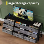 Meuble TV large de 160 cm avec 9 tiroirs en tissu, console média et organiseur de rangement avec cadre en métal et plateau en bois, 68 cm de profondeur pour salon et chambre
