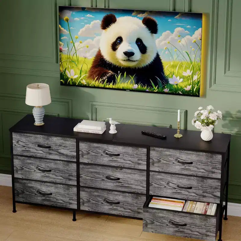 Meuble TV large de 160 cm avec 9 tiroirs en tissu, console média et organiseur de rangement avec cadre en métal et plateau en bois, 68 cm de profondeur pour salon et chambre