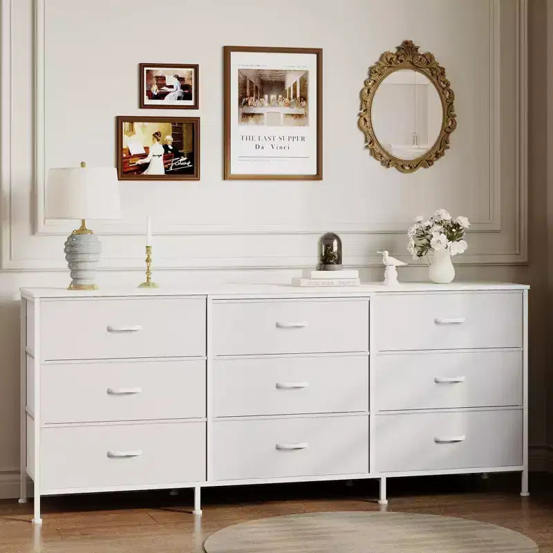 Meuble TV large de 160 cm avec 9 tiroirs en tissu, console média et organiseur de rangement avec cadre en métal et plateau en bois, 68 cm de profondeur pour salon et chambre