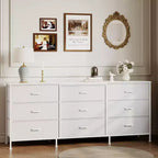 Meuble TV large de 160 cm avec 9 tiroirs en tissu, console média et organiseur de rangement avec cadre en métal et plateau en bois, 68 cm de profondeur pour salon et chambre