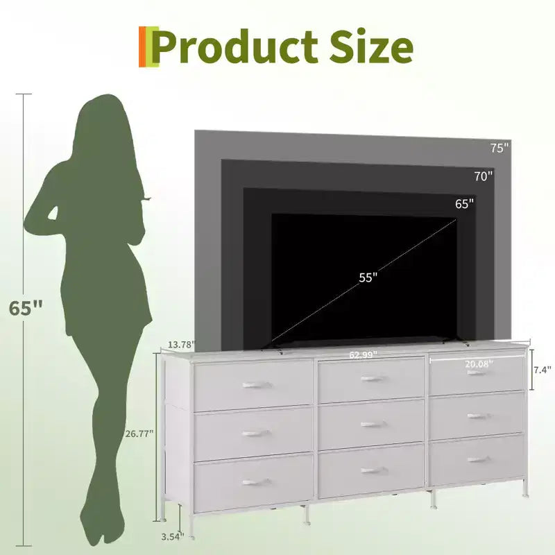 Meuble TV large de 160 cm avec 9 tiroirs en tissu, console média et organiseur de rangement avec cadre en métal et plateau en bois, 68 cm de profondeur pour salon et chambre