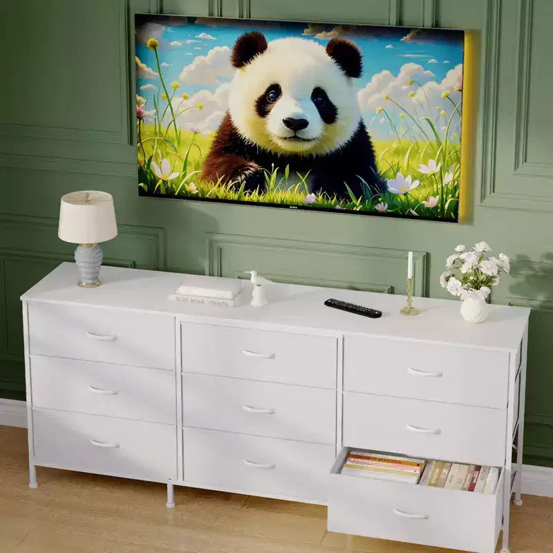 Meuble TV large de 160 cm avec 9 tiroirs en tissu, console média et organiseur de rangement avec cadre en métal et plateau en bois, 68 cm de profondeur pour salon et chambre