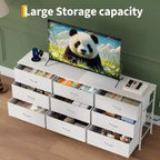 Meuble TV large de 160 cm avec 9 tiroirs en tissu, console média et organiseur de rangement avec cadre en métal et plateau en bois, 68 cm de profondeur pour salon et chambre